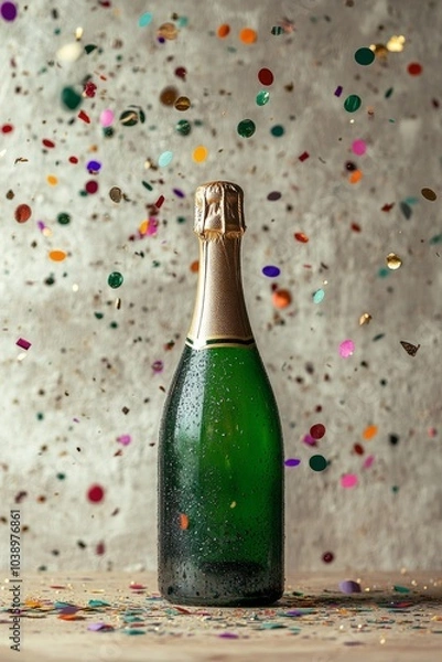 Fototapeta A bottle of sparkling wine on a festive confetti covered table during a celebration