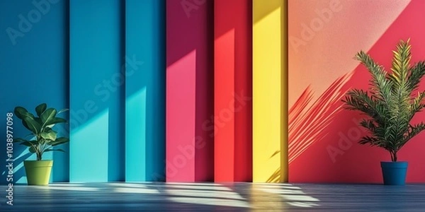 Fototapeta Brightly colored panels with plants form lively artistic composition with playful lights and shadows in vibrant interior.