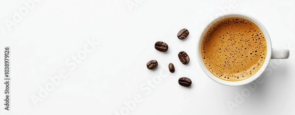 Fototapeta Overhead view of frothy espresso cup surrounded by coffee beans on white background, aromatic