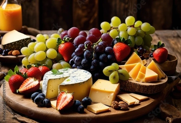 Fototapeta delectable cheese platter showcasing exquisite varieties cheese accompanied colorful fresh fruit arrangement, appetizers, cheeseboards, selection