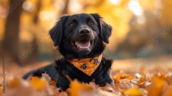 Obraz Portrait of a black dog in the autumn park