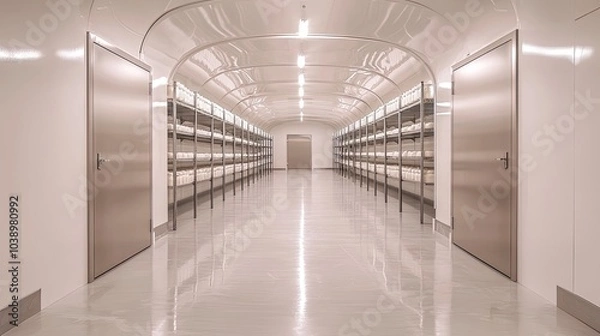Fototapeta A minimalist corridor features metallic shelves and smooth floors, illuminated by bright lights, creating a sterile, modern environment.