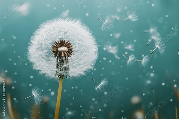 Fototapeta A close-up of a dandelion puff dispersing seeds in a serene natural setting