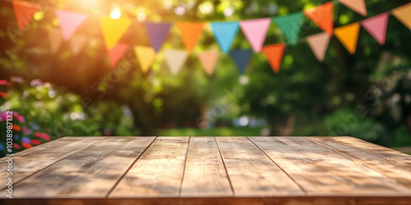 Fototapeta Wooden board table and blurred colorful summer garden party decoration flags setting in background.