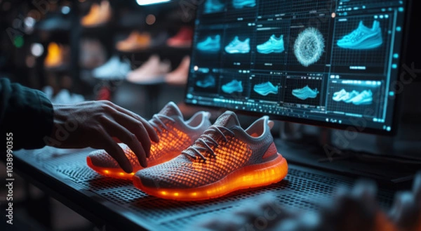 Fototapeta A person examines glowing sneakers in a modern store with digital displays in the evening