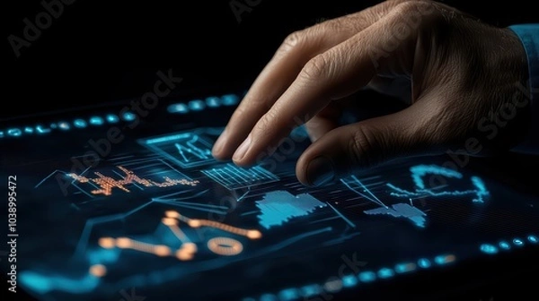 Fototapeta Hand interacting with a digital touchscreen displaying data visualizations.