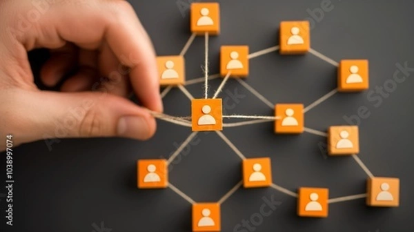Fototapeta A hand connecting multiple network nodes with figures, illustrating social connections and relationships in a structured layout