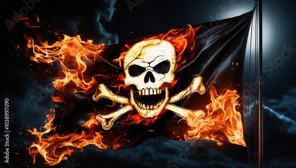 Fototapeta Jolly roger burning pirate flag waving background