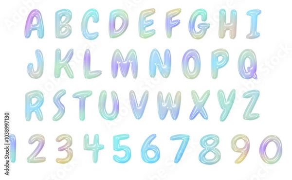 Fototapeta Holographic liquid alphabet isolated on a transparent background. Neon inflated iridescent alphabet and numbers with rainbow effect. Set of cartoon letters.