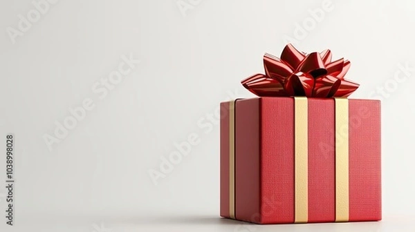 Fototapeta A red gift box with a shiny bow sits on a plain background, ready for a celebration or special occasion.