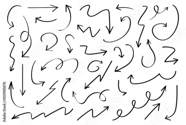 Obraz Hand drawn arrows set. Marker drawn arrows. Arrow icon. Arrows doodle. Editable stroke line icons. Vector illustration.
