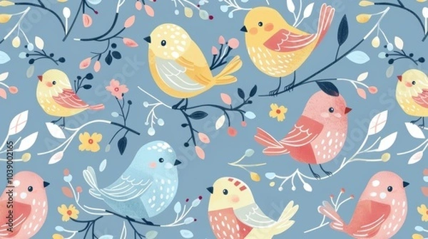 Obraz Charming Bird Illustration with Leaves and Berries Pattern