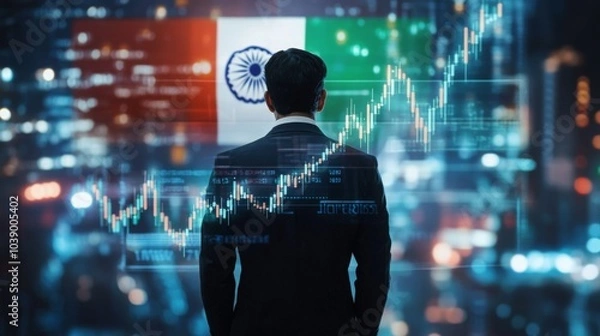 Fototapeta A businessman standing in front of a digital trading platform, economic growth, stock exchange with market chart, india economy and finance . investment trends global challenges.	
