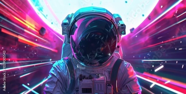 Obraz Astronaut in neon glow helmet. Cosmonaut spaceman in pink blue cosmos. Spacesuit with cyber laser ray beam. Retrowave cosmic adventure and exploration. Sci-fi future technology