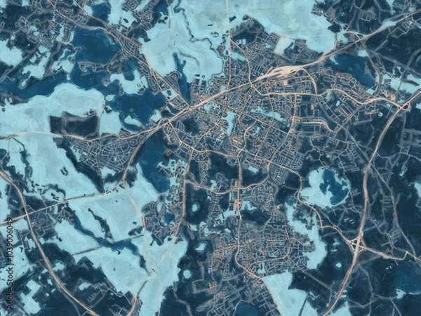 Fototapeta Painterly Style City Map of Olsztyn, Poland in a Blue Color Scheme.