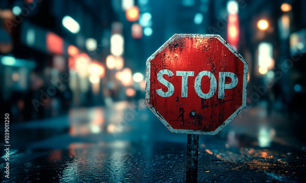 Obraz A classic red stop sign stands tall in a city setting