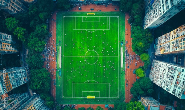 Obraz A top view of soccer filed. Aerial view of a vibrant green soccer field in a packed stadium sports background.