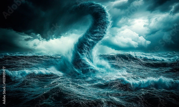 Obraz A powerful tornado forms in the ocean, its swirling winds and water creating a dramatic scene under a moody sky with deep blue waves. Background