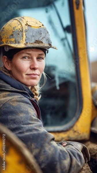 Fototapeta Portrait of a determined female construction worker wearing a hard hat at a worksite during the day with heavy machinery in the background