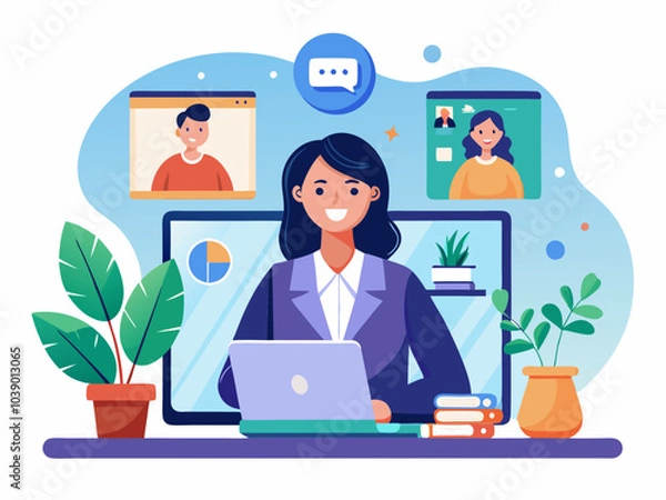 Fototapeta A woman working on a laptop during a virtual meeting at her home office with plants and multiple screens displaying participants