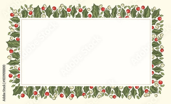 Obraz Nostalgic rectangular holly garland illustration in traditional Christmas colors. Festive evergreen border with vintage holiday foliage and berries, ideal for seasonal winter imagery.