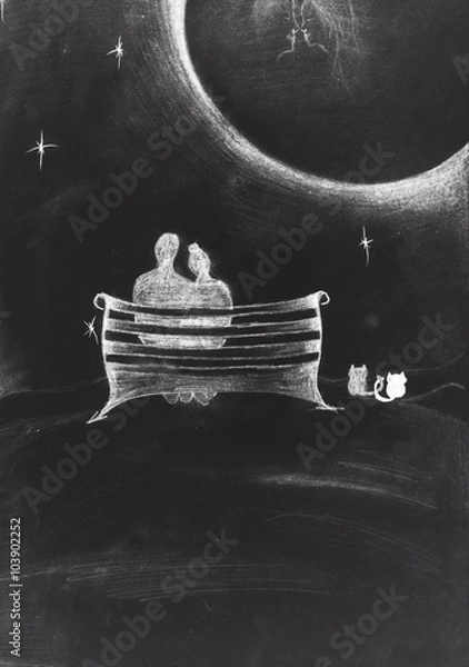 Fototapeta couple sitting in front of the moon, two cats