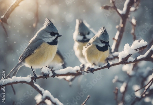 Obraz Three titmouse birds in winter