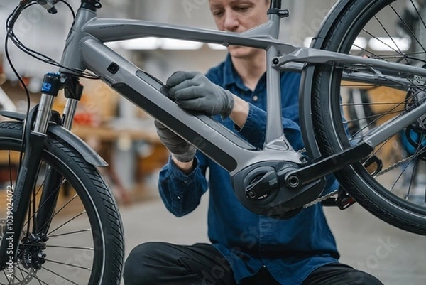 Obraz Repairing an e-bike. Urban cyclist maintaining and servicing an electric bicycle with modern tools. Ensuring optimal performance and efficient operation for a smooth ride in the city.