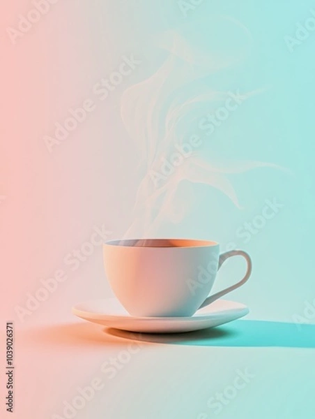 Obraz A beautifully crafted tea cup rests on a saucer, with smooth steam curling upward in a serene, colorful ambiance. Generative AI