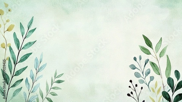 Fototapeta   A painting featuring lush green foliage and branches against a soft green backdrop, framed by a serene light blue sky