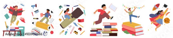 Fototapeta Children Express Enthusiasm And Joy For The New School Year Through Playful Activities Surrounded By Books And Supplies