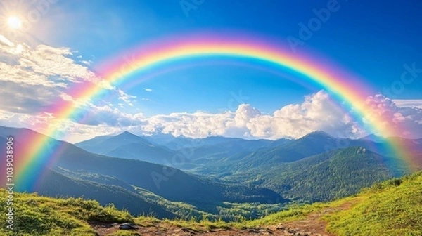 Obraz A Rainbow Arcing Over Lush Green Mountain Ranges
