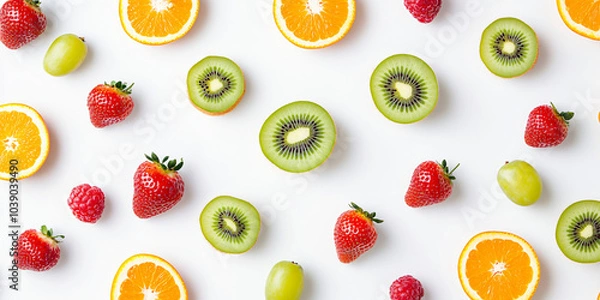 Fototapeta Fresh colorful fruits neatly arranged on a white background from above. Bright apples, oranges, kiwis, strawberries, and grapes create a contrasting pattern on the surface.