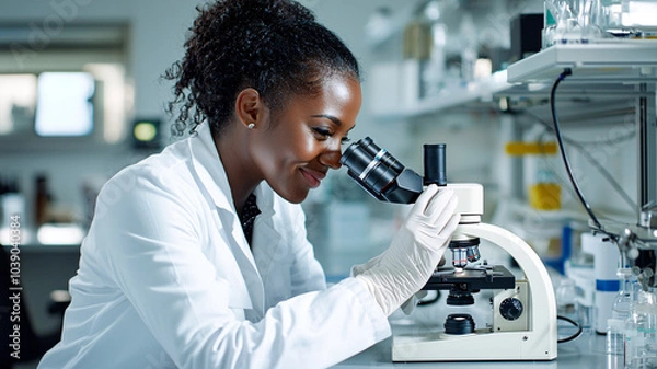 Fototapeta Black female scientist in labcoat looking through microscope in laboratory