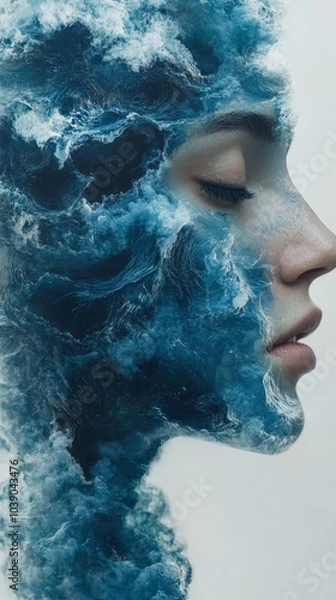 Fototapeta Surreal portrait of a woman with ocean waves and water splashes blending with her profile