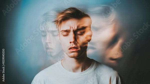 Obraz Blurred portrait of a young man with closed eyes, symbolizing confusion and inner turmoil