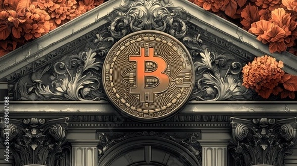 Fototapeta Ornate building facade features a large, central Bitcoin symbol, surrounded by intricate carvings and vibrant, orange flowers