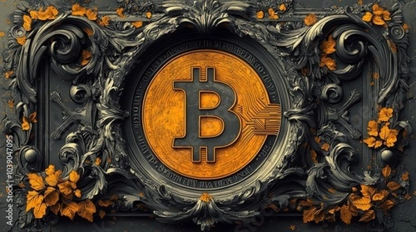 Fototapeta Ornate Bitcoin symbol surrounded by intricate floral and leaf designs, blending metallic and earthy tones beautifully