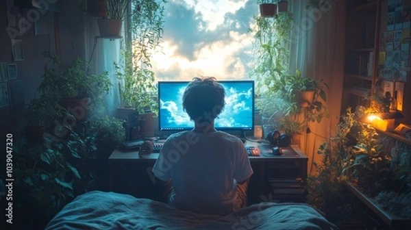 Fototapeta Person sits at a computer in a room filled with plants, surrounded by warm lighting and nature-inspired decor