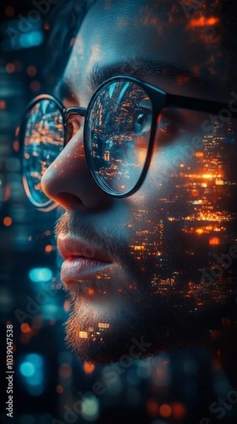 Fototapeta Person wearing glasses looks thoughtful, with a cityscape reflected in the lenses, blending technology and human emotion vividly