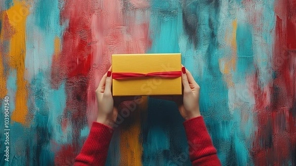 Fototapeta Person wearing a red sweater holds a yellow gift box with a red ribbon against a colorful abstract background
