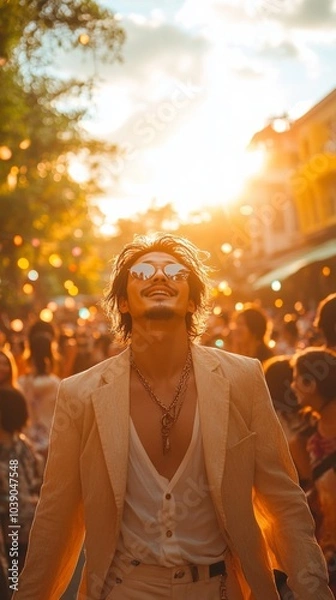 Fototapeta Person wearing sunglasses and a light suit walks confidently down a bustling street during golden hour, with sunlit bokeh