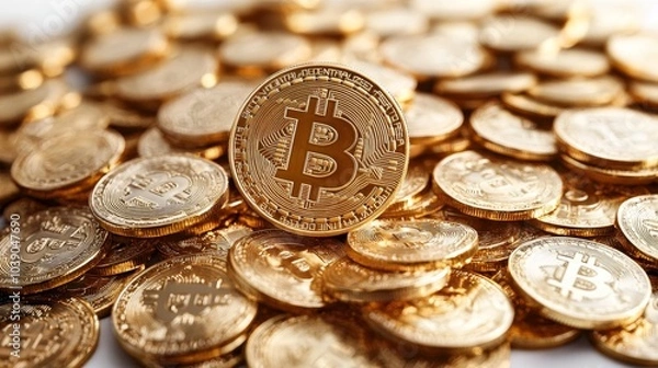 Fototapeta Pile of gold-colored coins featuring the Bitcoin logo, symbolizing digital currency, are closely stacked with one prominently displayed