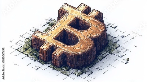 Fototapeta Pixel art depiction of a large, raised Bitcoin symbol resembling stone or bricks on a tiled surface
