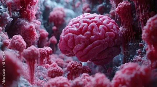 Fototapeta Pink brain surrounded by abstract, red, coral-like structures, creating a surreal and organic landscape