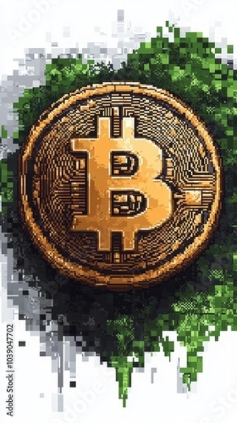 Fototapeta Pixel art depiction shows a Bitcoin symbol coin on a green and gray abstract background with a textured appearance