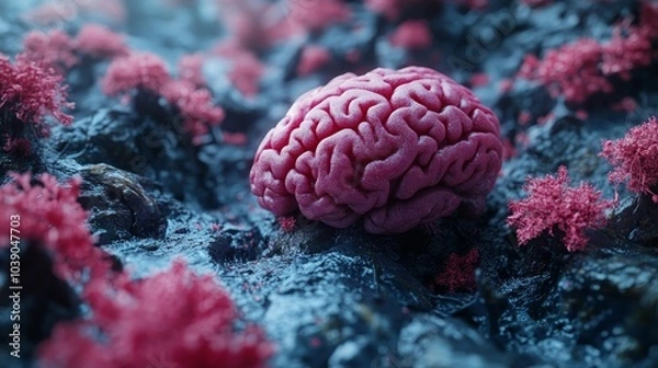Fototapeta Pink brain-shaped object is surrounded by vibrant red coral-like structures on a rocky, bluish surface, creating contrast