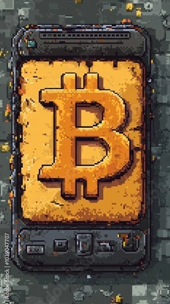Fototapeta Pixel art-style mobile device displaying a large orange Bitcoin logo on a weathered dark surface