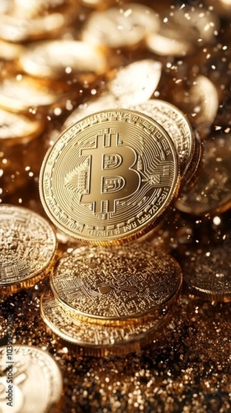 Fototapeta Pile of shiny, gold-colored physical Bitcoins with intricate designs, surrounded by sparkling dust particles