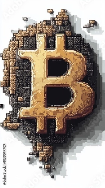 Fototapeta Pixel art style Bitcoin symbol in gold, embedded in a crumbling, pixelated stone wall background